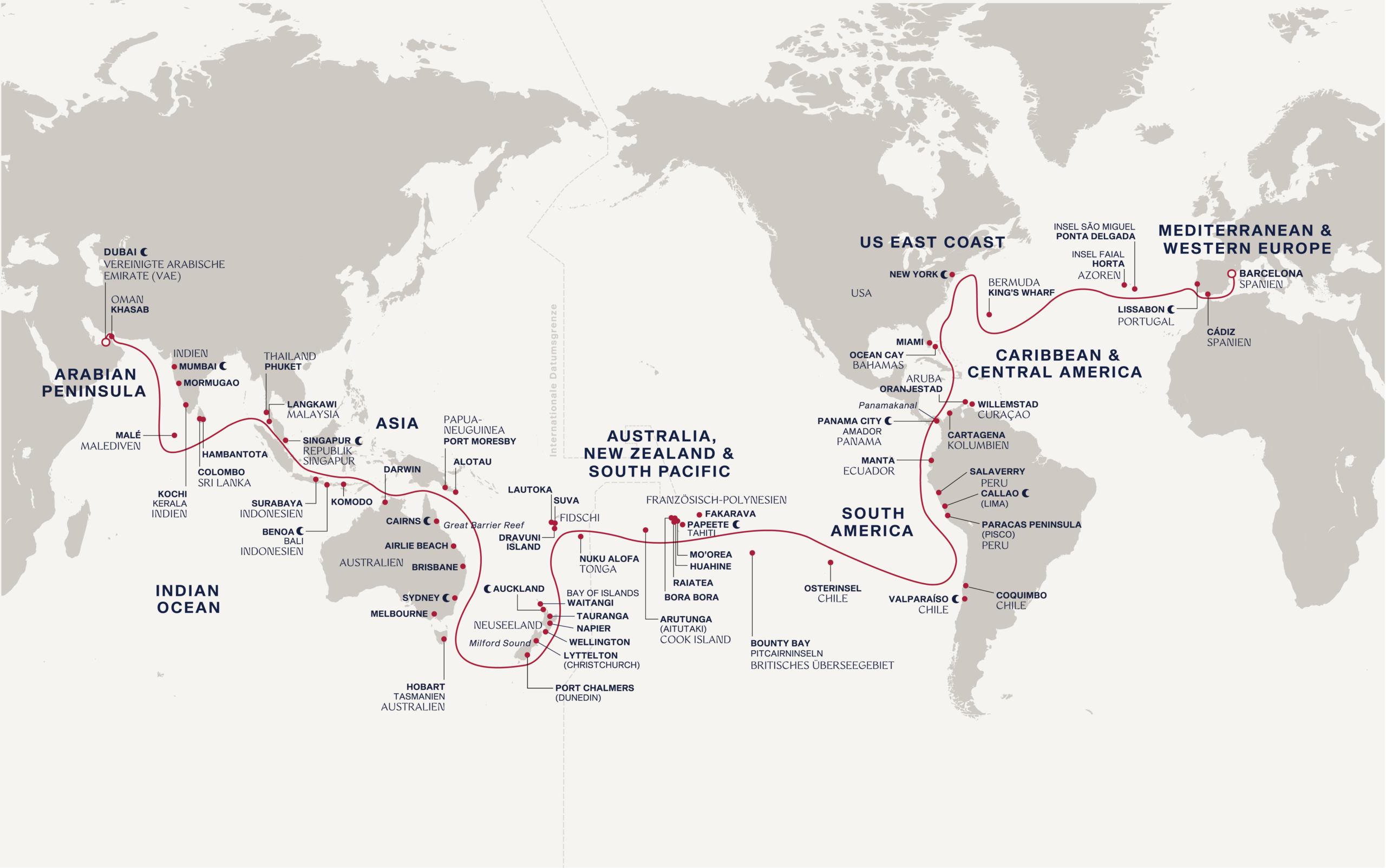Routenkarte der World Journey mit EXPLORA I 2029
