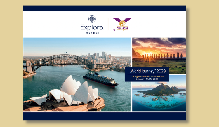 Das Titelblatt des ZUGHANSA Katalogs zur World Journey 2029 von Explora Journeys